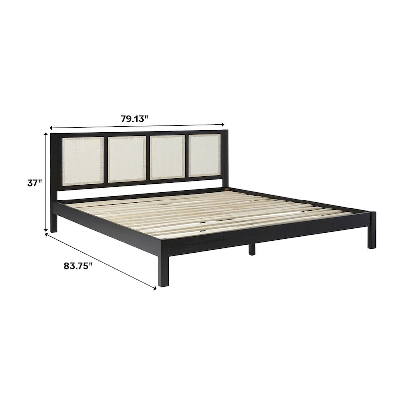 Cadre de lit King size Boho en rotin et bois massif avec tête de lit