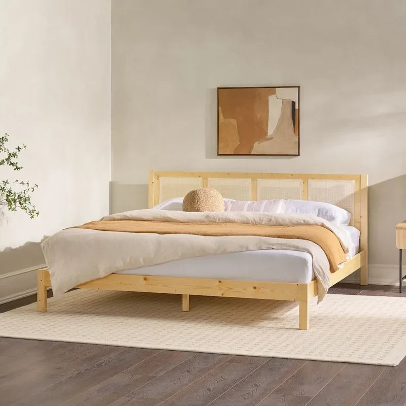 Cadre de lit King size Boho en rotin et bois massif avec tête de lit