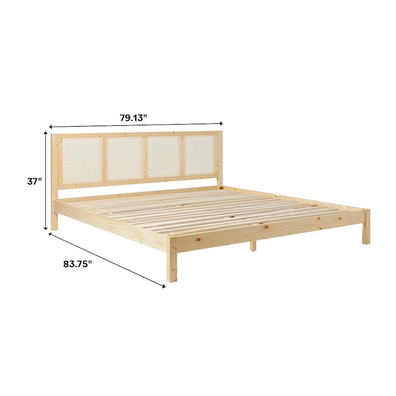 Cadre de lit King size Boho en rotin et bois massif avec tête de lit