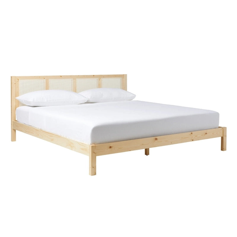 Cadre de lit King size Boho en rotin et bois massif avec tête de lit