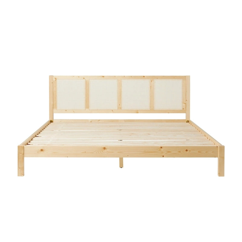 Cadre de lit King size Boho en rotin et bois massif avec tête de lit
