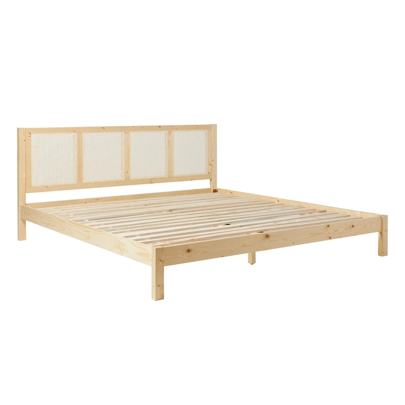 Cadre de lit King size Boho en rotin et bois massif avec tête de lit