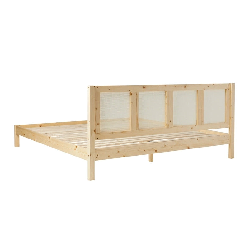 Cadre de lit King size Boho en rotin et bois massif avec tête de lit