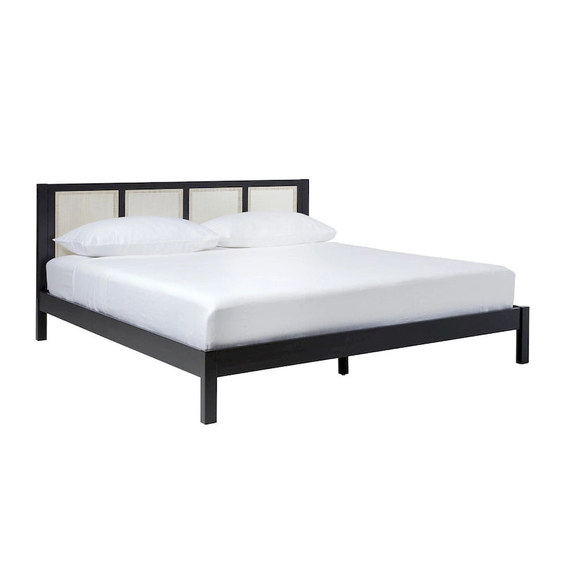 Cadre de lit King size Boho en rotin et bois massif avec tête de lit