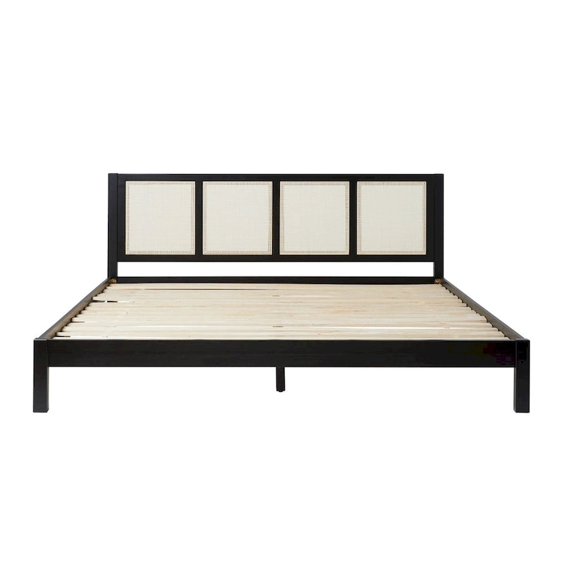 Cadre de lit King size Boho en rotin et bois massif avec tête de lit