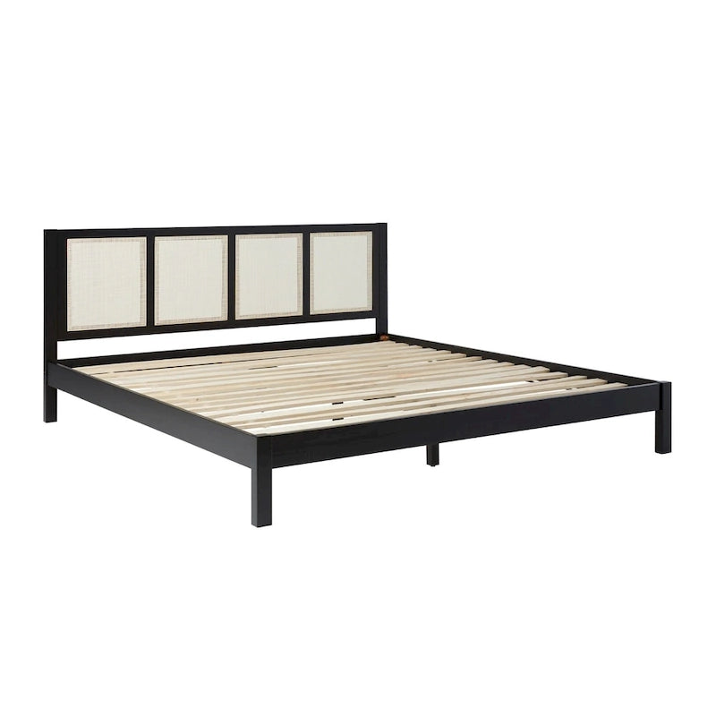 Cadre de lit King size Boho en rotin et bois massif avec tête de lit