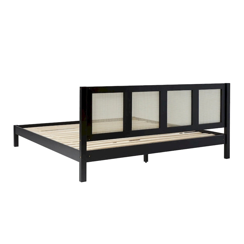 Cadre de lit King size Boho en rotin et bois massif avec tête de lit