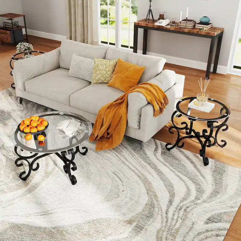 Ensemble de 3 tables basses avec surface en verre trempé, table basse ronde et table d'appoint avec construction robuste pour le salon