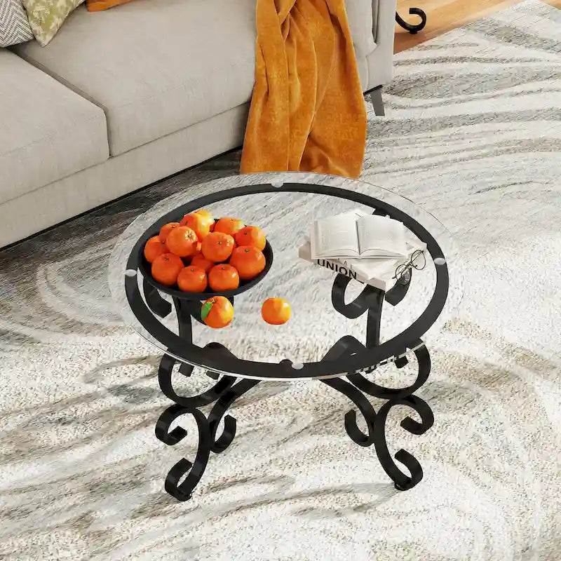 Ensemble de 3 tables basses avec surface en verre trempé, table basse ronde et table d'appoint avec construction robuste pour le salon