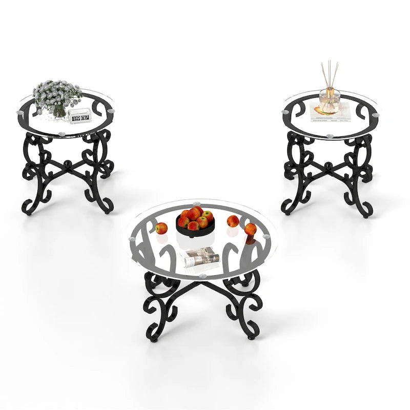 Ensemble de 3 tables basses avec surface en verre trempé, table basse ronde et table d'appoint avec construction robuste pour le salon