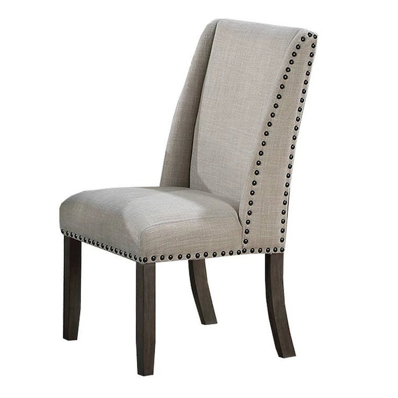 Lot de 2 chaises de salle à manger Alex, dossier à oreilles, bois marron clouté, beige
