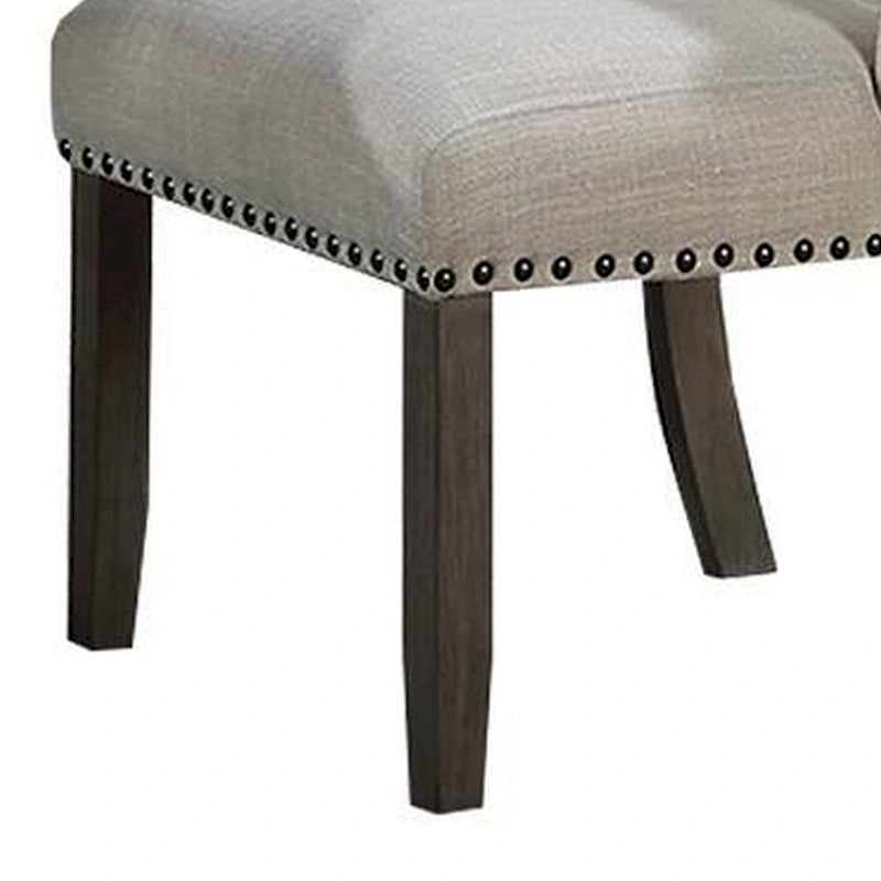 Lot de 2 chaises de salle à manger Alex, dossier à oreilles, bois marron clouté, beige