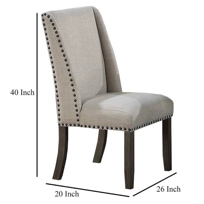 Lot de 2 chaises de salle à manger Alex, dossier à oreilles, bois marron clouté, beige