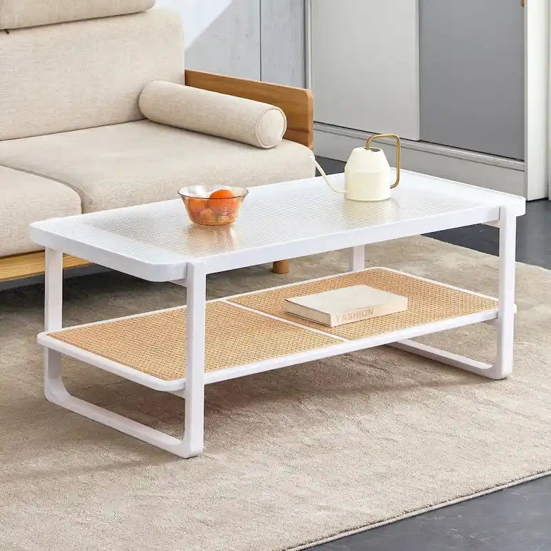 Table basse double couche blanche, table d'appoint en imitation rotin avec plateau en verre, table rectangulaire en bois massif pour le salon