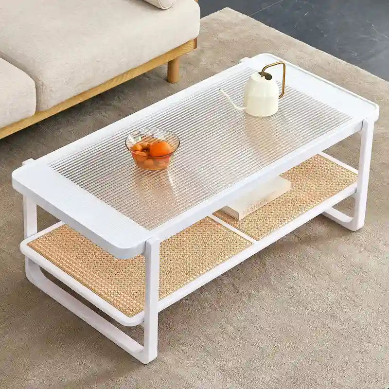 Table basse double couche blanche, table d'appoint en imitation rotin avec plateau en verre, table rectangulaire en bois massif pour le salon