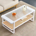 Table basse double couche blanche, table d'appoint en imitation rotin avec plateau en verre, table rectangulaire en bois massif pour le salon