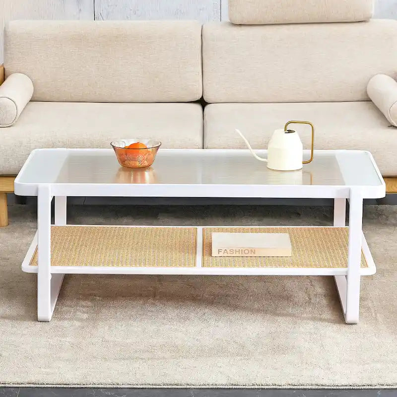 Table basse double couche blanche, table d'appoint en imitation rotin avec plateau en verre, table rectangulaire en bois massif pour le salon