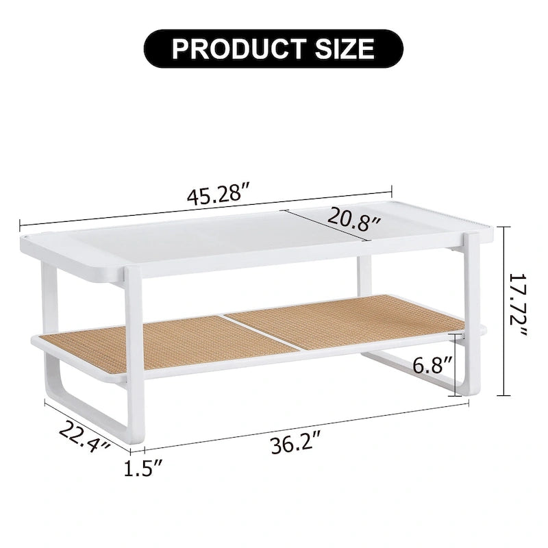 Table basse double couche blanche, table d'appoint en imitation rotin avec plateau en verre, table rectangulaire en bois massif pour le salon