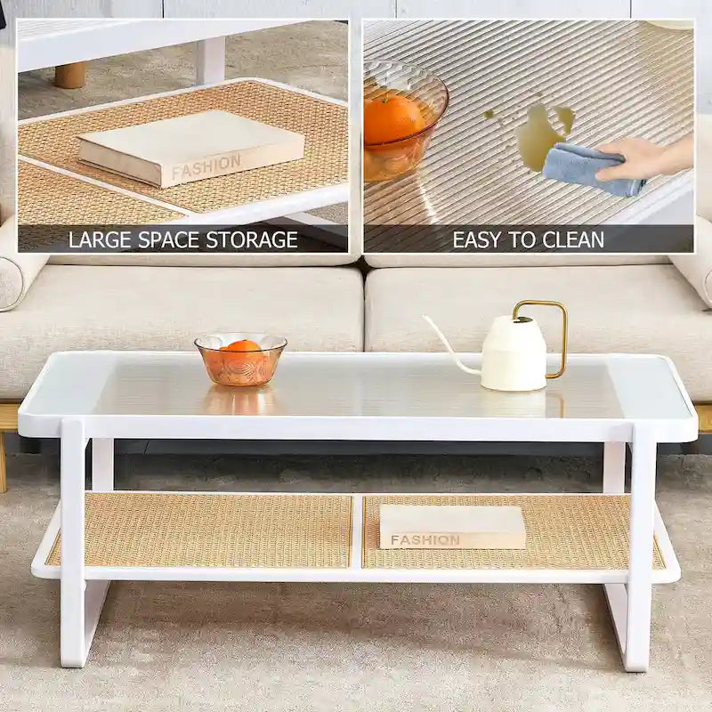 Table basse double couche blanche, table d'appoint en imitation rotin avec plateau en verre, table rectangulaire en bois massif pour le salon
