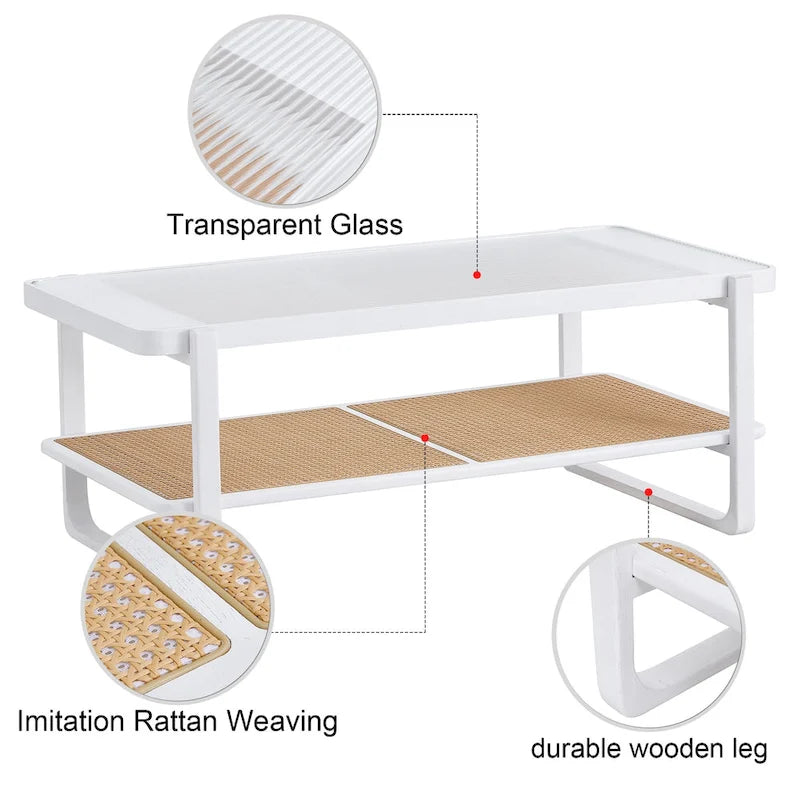 Table basse double couche blanche, table d'appoint en imitation rotin avec plateau en verre, table rectangulaire en bois massif pour le salon