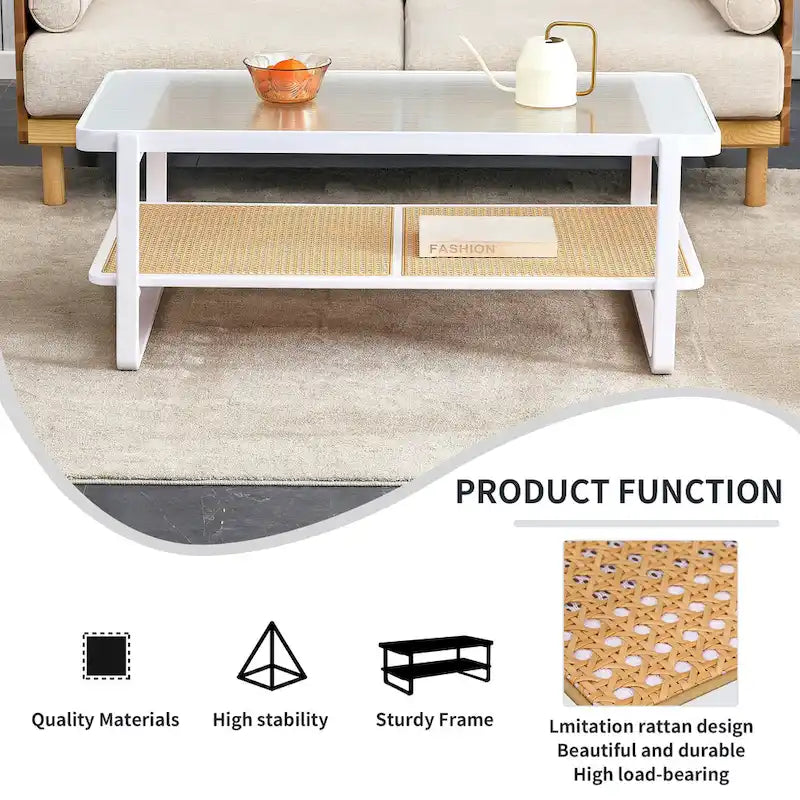 Table basse double couche blanche, table d'appoint en imitation rotin avec plateau en verre, table rectangulaire en bois massif pour le salon