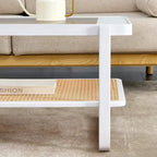 Table basse double couche blanche, table d'appoint en imitation rotin avec plateau en verre, table rectangulaire en bois massif pour le salon