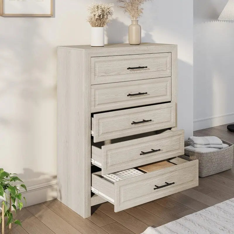 Commode élégante à 5 tiroirs en MDF avec finition aspect bois