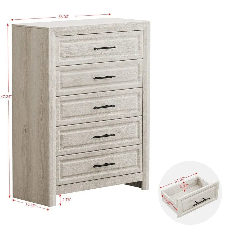 Commode élégante à 5 tiroirs en MDF avec finition aspect bois