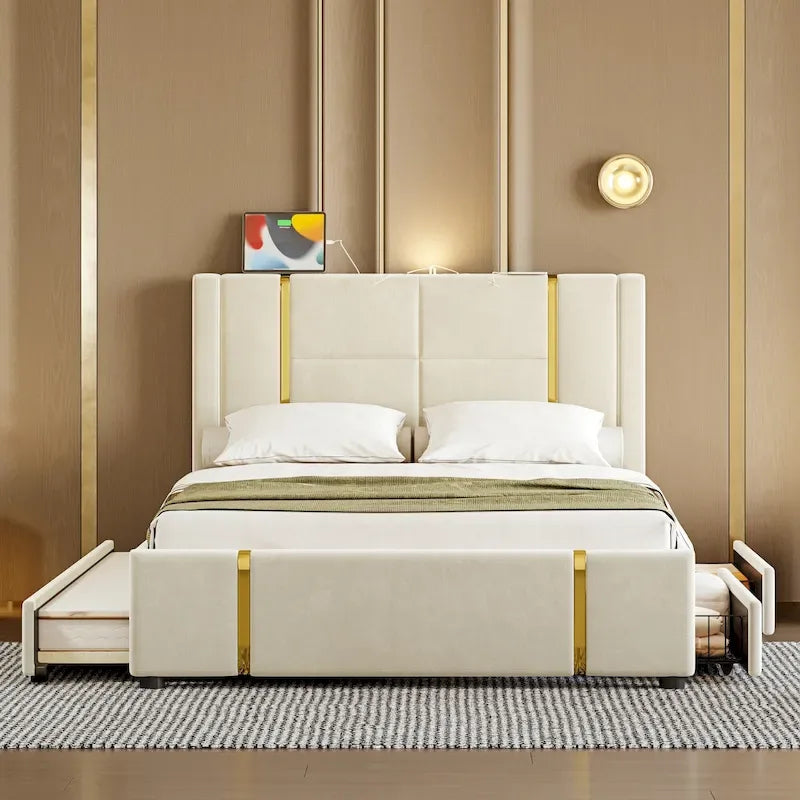 Lit plateforme Queen en velours avec 2 tiroirs, port USB et veilleuse