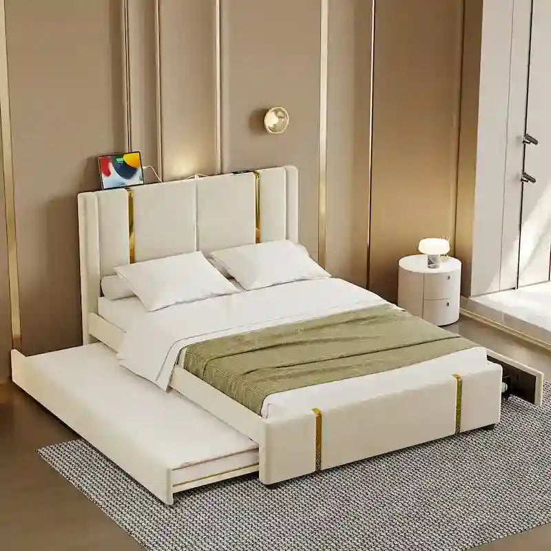 Lit plateforme Queen en velours avec 2 tiroirs, port USB et veilleuse