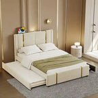 Lit plateforme Queen en velours avec 2 tiroirs, port USB et veilleuse