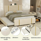 Lit plateforme Queen en velours avec 2 tiroirs, port USB et veilleuse