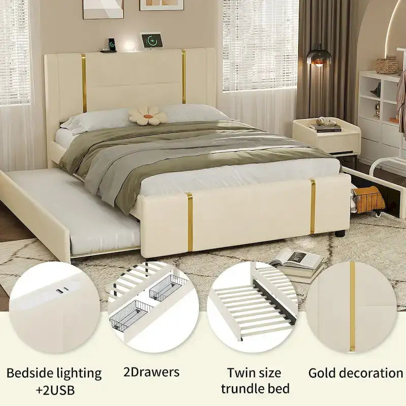 Lit plateforme Queen en velours avec 2 tiroirs, port USB et veilleuse