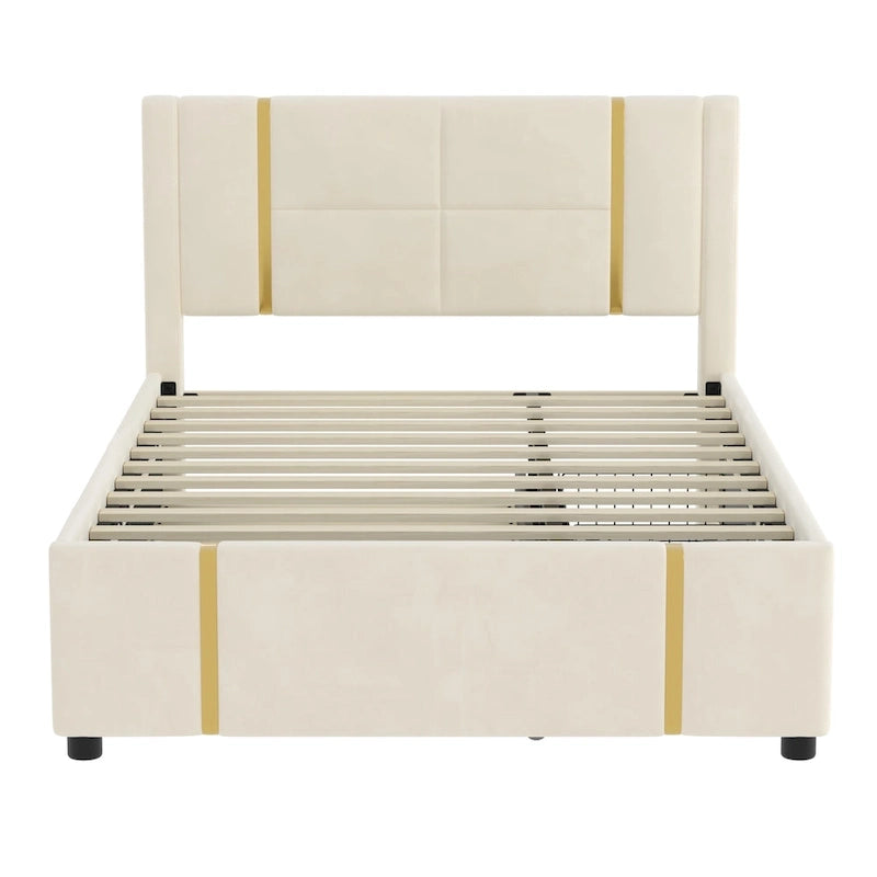 Lit plateforme Queen en velours avec 2 tiroirs, port USB et veilleuse