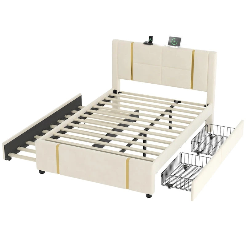 Lit plateforme Queen en velours avec 2 tiroirs, port USB et veilleuse