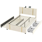 Lit plateforme Queen en velours avec 2 tiroirs, port USB et veilleuse