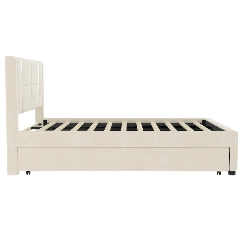Lit plateforme Queen en velours avec 2 tiroirs, port USB et veilleuse