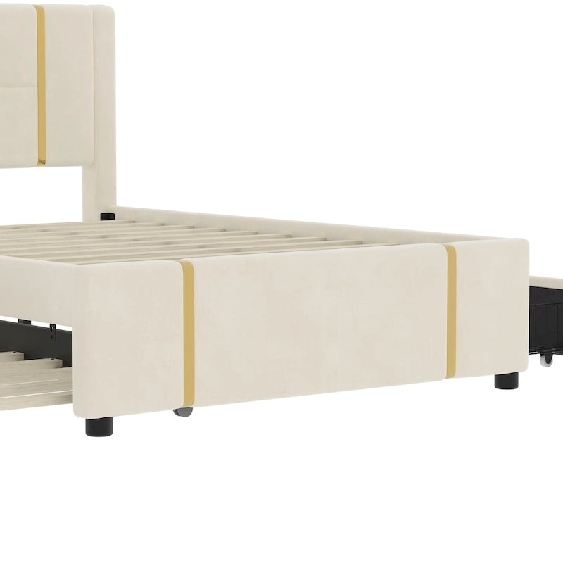 Lit plateforme Queen en velours avec 2 tiroirs, port USB et veilleuse