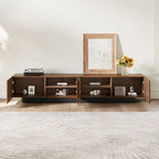 Meuble TV moderne du milieu du siècle de 78,74 po, avec placage en bois massif brun, console média avec 4 armoires