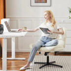 Chaise sans roulettes à pieds croisés, sans accoudoirs, assise large, hauteur réglable, pivotante, en cuir PU épais et rembourré, confortable pour la maison et le bureau