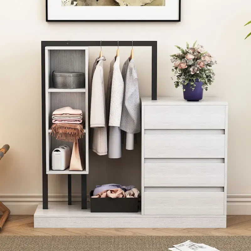 Armoire ouverte avec 4 tiroirs, 3 étagères et tringle à vêtements, armoire autoportante en bois pour chambre à coucher