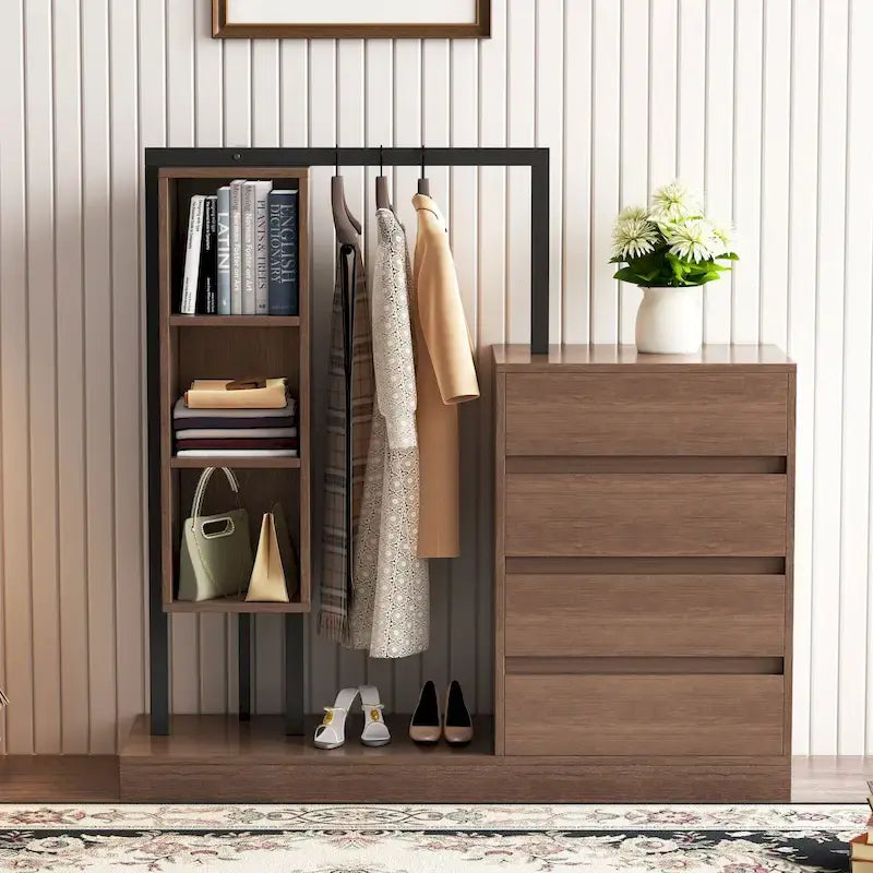 Armoire ouverte avec 4 tiroirs, 3 étagères et tringle à vêtements, armoire autoportante en bois pour chambre à coucher