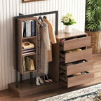 Armoire ouverte avec 4 tiroirs, 3 étagères et tringle à vêtements, armoire autoportante en bois pour chambre à coucher