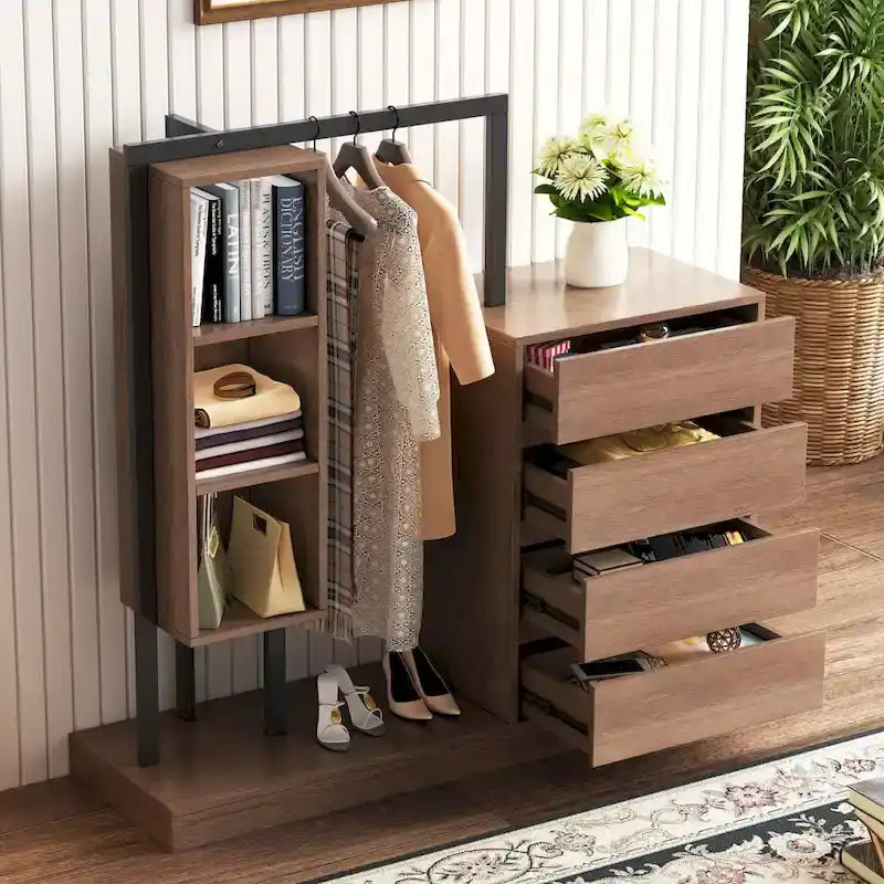 Armoire ouverte avec 4 tiroirs, 3 étagères et tringle à vêtements, armoire autoportante en bois pour chambre à coucher