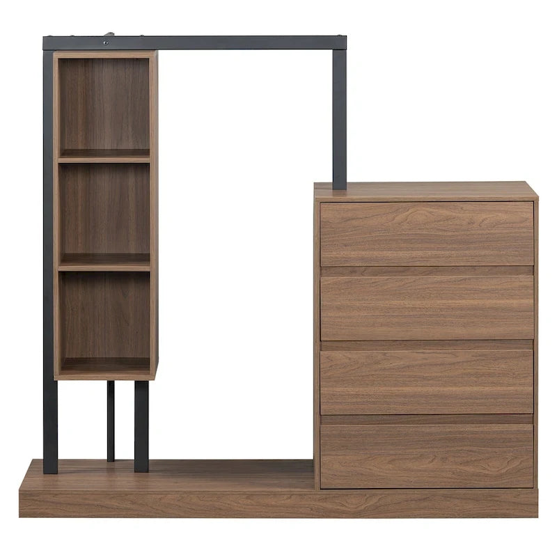 Armoire ouverte avec 4 tiroirs, 3 étagères et tringle à vêtements, armoire autoportante en bois pour chambre à coucher