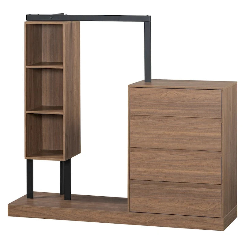 Armoire ouverte avec 4 tiroirs, 3 étagères et tringle à vêtements, armoire autoportante en bois pour chambre à coucher