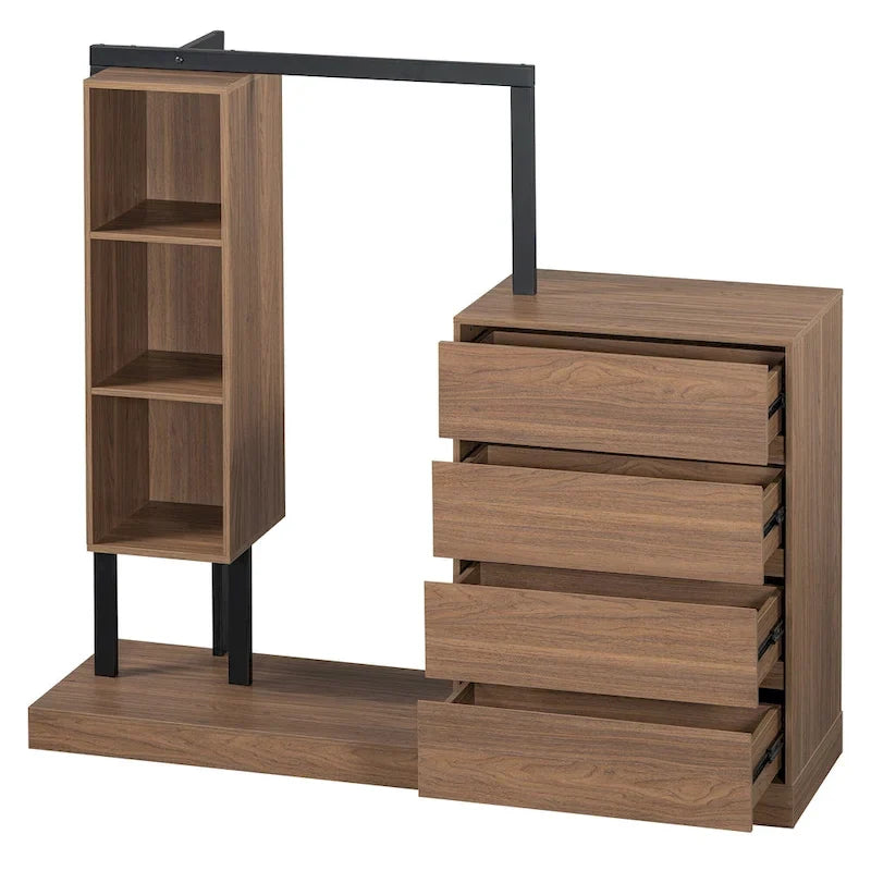 Armoire ouverte avec 4 tiroirs, 3 étagères et tringle à vêtements, armoire autoportante en bois pour chambre à coucher