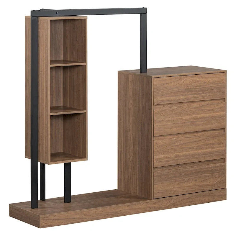 Armoire ouverte avec 4 tiroirs, 3 étagères et tringle à vêtements, armoire autoportante en bois pour chambre à coucher