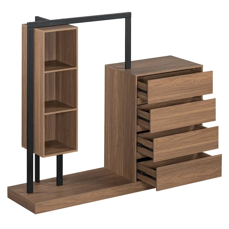 Armoire ouverte avec 4 tiroirs, 3 étagères et tringle à vêtements, armoire autoportante en bois pour chambre à coucher