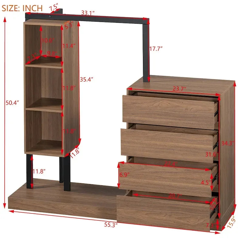 Armoire ouverte avec 4 tiroirs, 3 étagères et tringle à vêtements, armoire autoportante en bois pour chambre à coucher